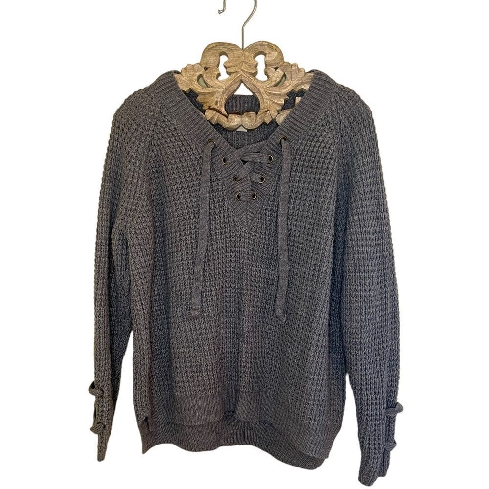 It's Our Time Grey V-Neck Lace Up Sweater Size Medium